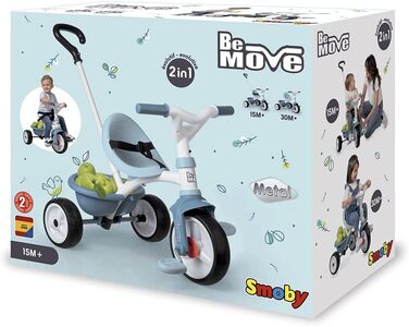 Триколісний велосипед Smoby Be Move з батьківською ручкою, ременем безпеки, металевим каркасом та педальним механізмом для дітей від 15 місяців (Блакитний)