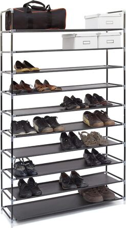 Тканина для полиці для взуття Relaxdays, HWD 175,5x100x29 см, для 50 пар взуття, 10 рівнів, вставна система, рамка для взуття XXL, чорна