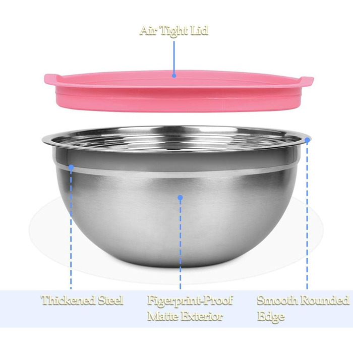 Набір місок для перемішування, 5 шт. з нержавіючої сталі, салатник з кришкою для кухні, приготування їжі, випічки, з 6 мірних ложок та вінчиком