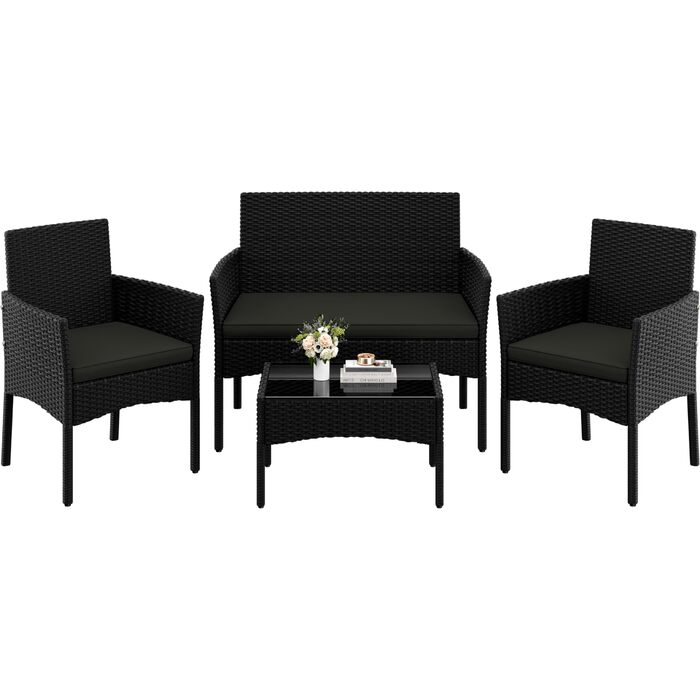 Набір садово-розплідницьких меблів Yaheetech на 4 особи з ротангу для тераси/балкону/саду (софа 2 місця, 2 стільці, стіл, подушки)