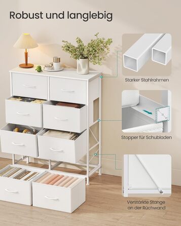 SONGMICS Комод з 8 висувними ящиками, шафа для зберігання, сталь, MDF, фліс, для спальні, прихожей, вітальні, вінтажний коричневий-чорний, LGS124BH04 (8 ящиків, хмарно-білий + сніжно-білий)