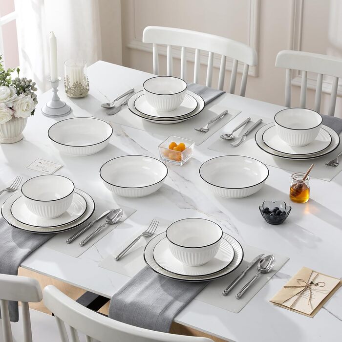 Набір посуду MALACASA LEILA 6 осіб, 24 частини: тарілки, миски, порцеляна, білий з чорним обідком