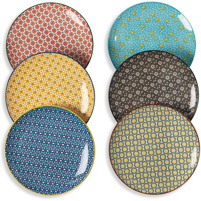 Набір тарілок Teller Set, 6 шт. Керамічні тарілки для їжі, 25.4 см, кольорові, вінтажний дизайн, для салату, стейку, основної страви, вечері