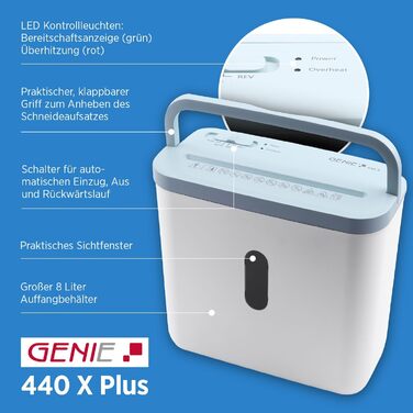 Шредер Genie 440 X II P4: Надійний знищувач документів для дому та офісу | Об'єм кошика 9L, функція Auto-Start-Stop, автоматичне виявлення паперу | Синій