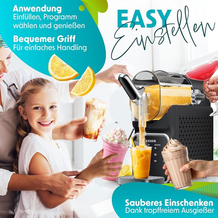 KESSER® Машина для приготування сляшу вдома - Сляш-мейкер 2L - для сляшу, коктейлів, фраппе, молочних коктейлів та замороженого соку - за 25 хв та з 6 програмами - в комплекті 3 стаканчика та книга рецептів, (2 літри, Чорний)
