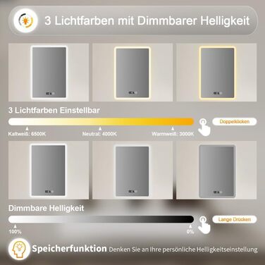 Дзеркало для ванної кімнати Badspiegel 50x70 см з годинником, 3 кольори підсвічування, сенсорний вимикач, прямокутне, 50x70x3.5 см