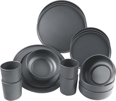 Набір похідного посуду з меламіну антрациту на 4 персони зі столовими приборами в золоті - 32 шт. и - Набір похідного посуду та столових приборів