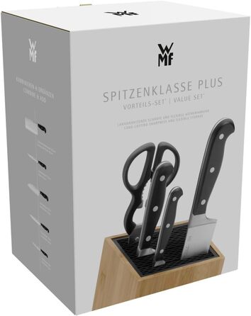 Набір ножів WMF Spitzenklasse Plus з підставкою, 5 предметів, Made in Germany, з бамбуковою підставкою та кухонними ножицями