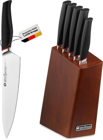 Набір кухонних ножів Grossman Bryant Messerblock 5-piece – набір з 5 ножів з нержавіючої сталі, чорні ручки, підставка з дерева, колір мідно-коричневий, антиковзне покриття