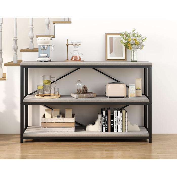 Металево-дерев'яна полиця IBF з 3 ярусами, індустріальний стиль, 120x34x74 см, сірий колір