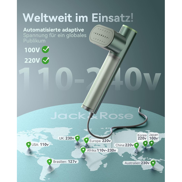 Jack & Rose Дампфглеттер: портативний праска-парогенератор для подорожей, 1000W, 110-240V, 2-в-1, зелений