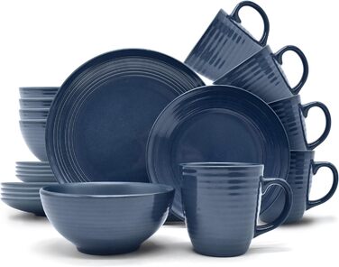 Комбінований сервіс Alicia Сучасний дизайн на 6 персон, стильний темно-синій набір посуду з керамограніту з 6 обідніми тарілками, 6 бічними тарілками, 6 чашками, 6 чашками для чаю (16 шт. )