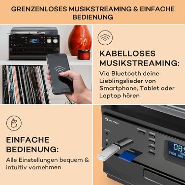 Програвач вінілу Auna з Bluetooth, USB, CD, DAB-радіо, вбудованими динаміками, ретро-дизайн, чорний