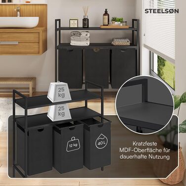 Сортувальник для білизни STEELSØN Rigil з 2 відділеннями, бамбукова полиця, 2 x 45 л, чорний, металевий, знімні мішки для білизни