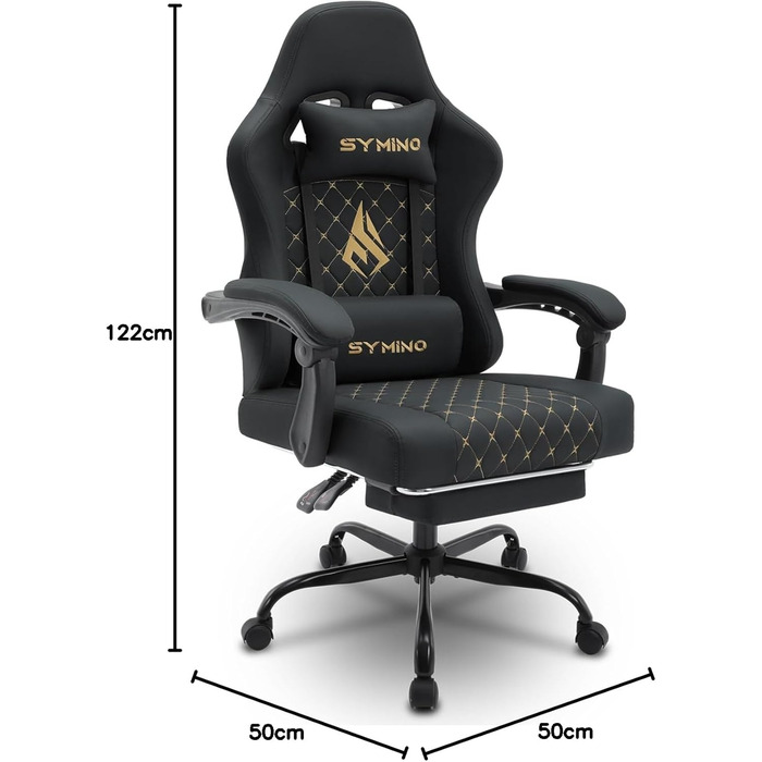 Ігрове крісло Symino Racing з підставкою для ніг, чорне, PU шкіра, 200 кг