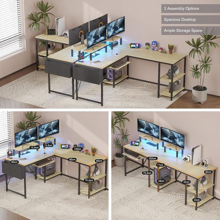 Ігровий стіл Flamaker L-подібний 140x140 см з RGB LED, підставка для монітора та ящик для зберігання | 2 розетки + 2 USB-порти (Вуглецеве волокно Чорний) (Бежевий)