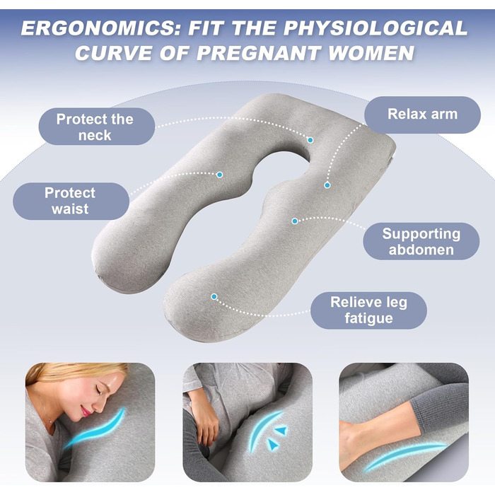 Подушка для вагітних Avmvnvc U-подібної форми, XXL, для сну на боці, знімний чохол з джерсі (сірий)