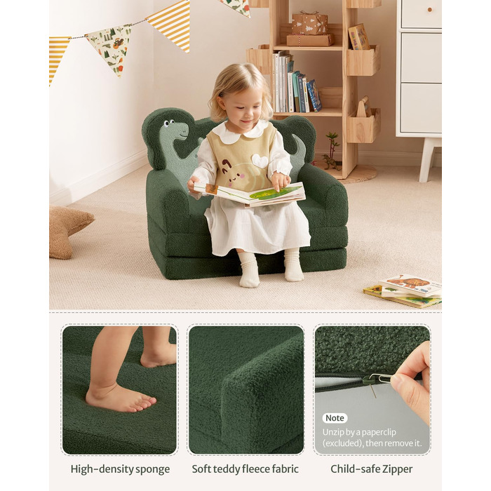 Дитяча крісло-диван Blissful Diary Kindercouch 2-в-1 з динозаврами, зручне, темно-зелене