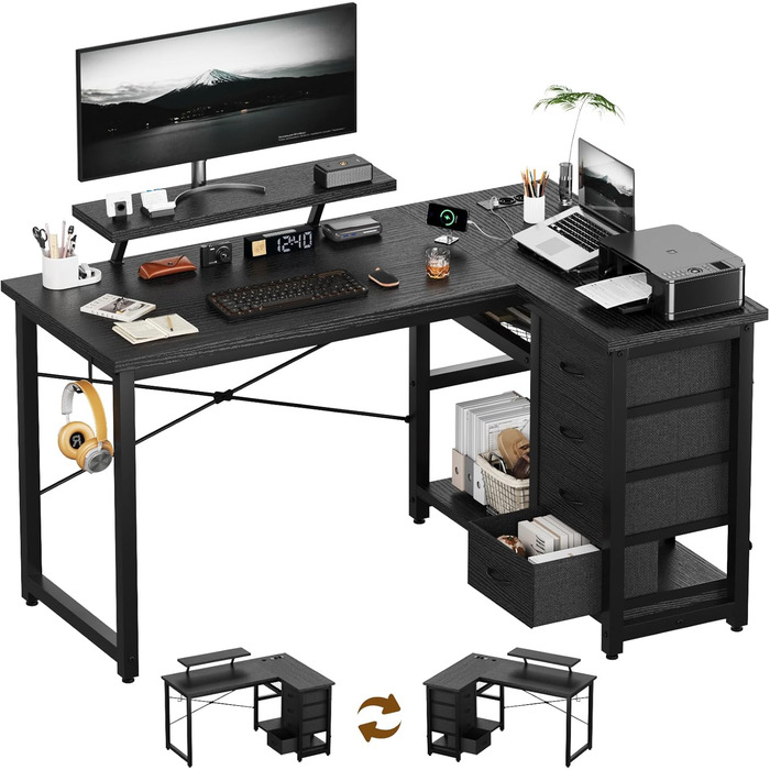 Кутовий стіл Devoko з 4 ящиками з тканини, 2 розетками та 2 USB-портами, для дому та офісу, ігор, білий, 140x80 см