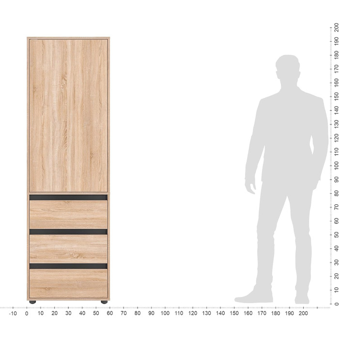 Шафа-купе маленька в дубі сонома - Шафа-купе Спальня Дитяча кімната Багатофункціональна шафа-купе з 1 дверцятами та 3 висувними ящиками Шафа-купе Передпокій Шафа-купе з розпашними дверима Cube 60 х 192 х 53 см