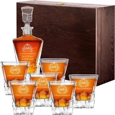 Мавертон Карафа для віскі 950 мл + Набір з 6 склянок для віскі з гравіюванням - Декантер для віскі - Подарунок на Різдво - Люксовий дизайн - Крісталльне скло - для чоловіків на день народження - Корона