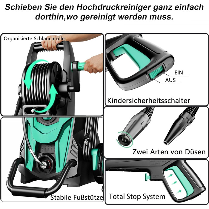 Високотискний мийник 180 Bar, 6-в-1 насадка, продуктивність 420л/год, площа прибирання 50м²/год, економний, з піночистою та барабаном для шлангу, для автомобілів та під'їздів (Блакитний)