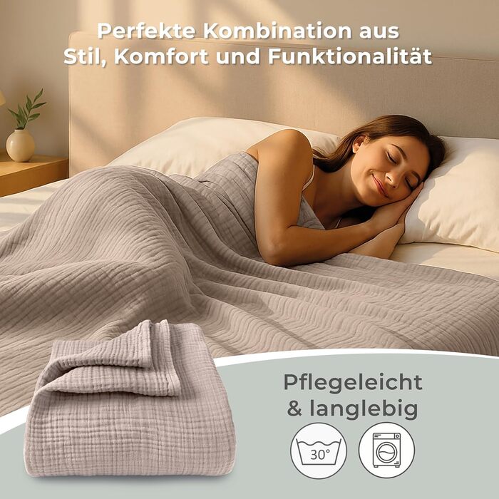 Плед LAYNENBURG Premium з мусліну, 150x200 см, 100% бавовна. Легкий літній плед, ковдра, накидка на ліжко/диван (Taupe)