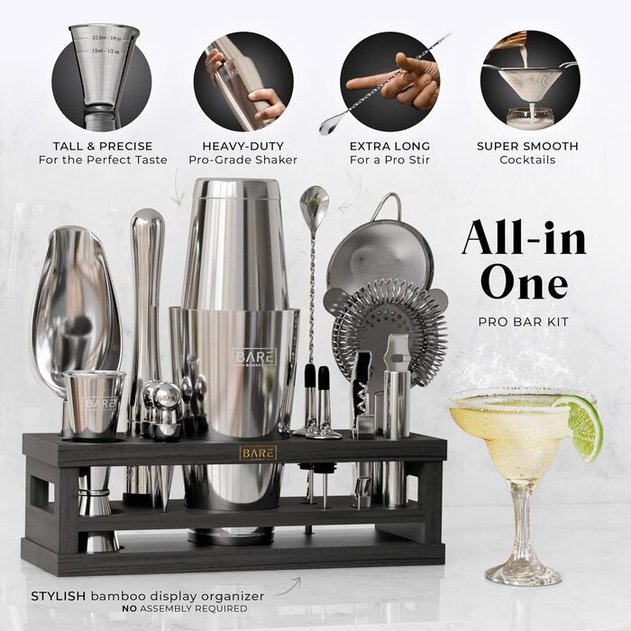 Набір бармена BARE BARREL® Mixology: 16 предметів для приготування коктейлів | Шейкер для Мартіні | Набір барного посуду для дому | 35 рецептів | Подарунковий набір (793.8 г Boston Shaker, срібний/чорний, 28oz)