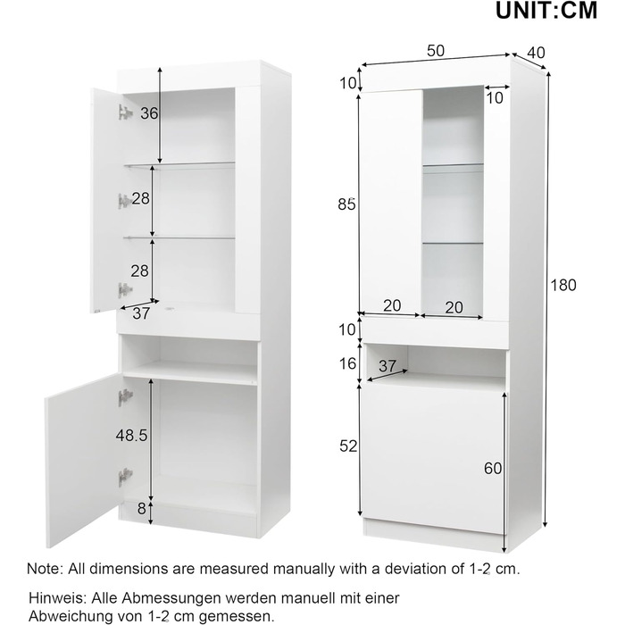 Вітрина Merax зі світлодіодним підсвічуванням, Вітрина Скляна вітрина з великою кількістю місця для зберігання, Сучасна шафа для зберігання Книжкова шафа Стінки для вітальні Офіс Їдальня, білий, 50 x 40 x 180 см Білий 50 x 40 x 180 см