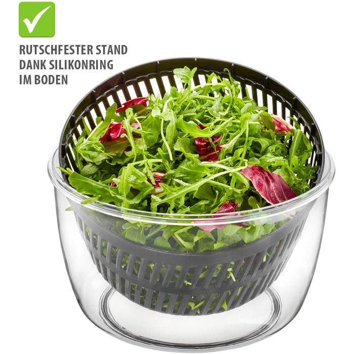 Салатниця GEFU з відром для відстоювання, 3л, чорно-сіра | Пластикова миска з вбудованим ситом та механічним приводом