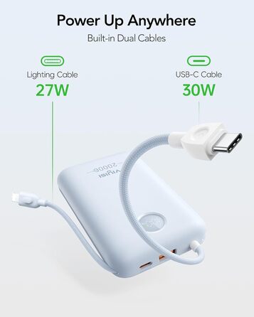 МАг, 30 Вт PD, кабель USB-C та Lightning, LED-дисплей, для iPhone, iPad, Galaxy (синій), 20000