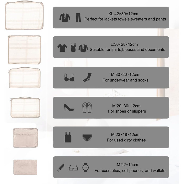 Набір органайзерів для подорожей та валізи Packing Cubes, водонепроникні сумки для одягу, 12 шт, бежевий