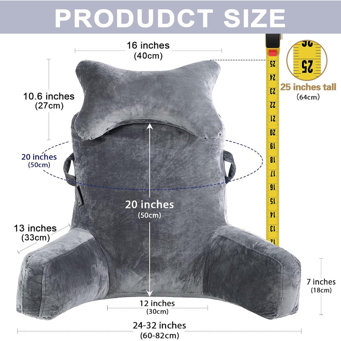 Лежак для читання з підголовником та підлокітником, сірий - ідеальний для читання та відпочинку в ліжку, на дивані чи на підлозі
