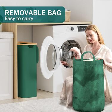 Кошик для білизни Youdenova з кришкою, 48л, вузький, з мішком, сортувальник, бамбук, білий