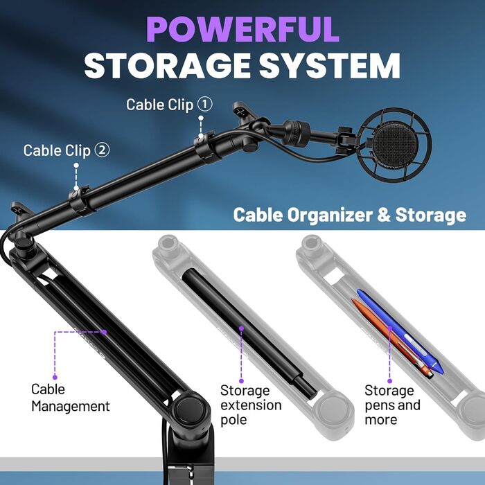 CAHAYA Мікрофонний стійкий кронштейн Boom Arm Professional: Регульований мікрофонний кронштейн з подовжувачем, дизайн під монітор для стрімінгу та запису, вантажопідйомність до 2.5 кг