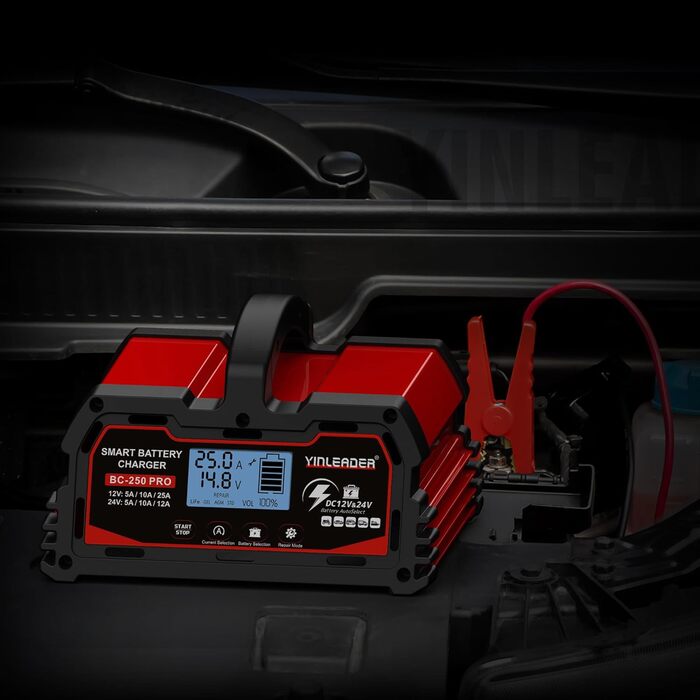 Зарядний пристрій для акумулятора 25A 12V/24V - Автоматичний зарядний пристрій для акумулятора з LCD-дисплеєм, підходить для LiFePO4 акумуляторів