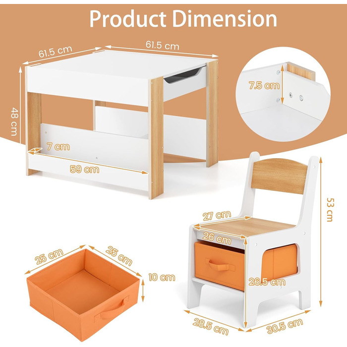 Дитячий стіл LIFEZEAL 3 в 1 з 2 стільцями: стіл для малювання, активностей та ігор. Дерев'яна дитяча група з місцем для зберігання (натуральний колір)