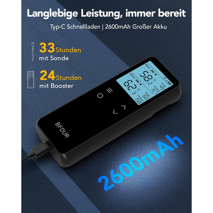 Бездротовий термометр для м'яса BFOUR BF-80 з Bluetooth та Wi-Fi, 2 зонди, 6 сенсорів, IP67 водонепроникний, сенсорне управління, APP-керування, термометр для приготування BBQ, духовки та гриля