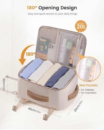 Рюкзак LOVEVOOK для ручної поклажі Ryanair, 40x20x25 см, 20L, бежевий/хакі. Підходить під вимоги авіакомпанії, для ноутбука, під сидіння літака