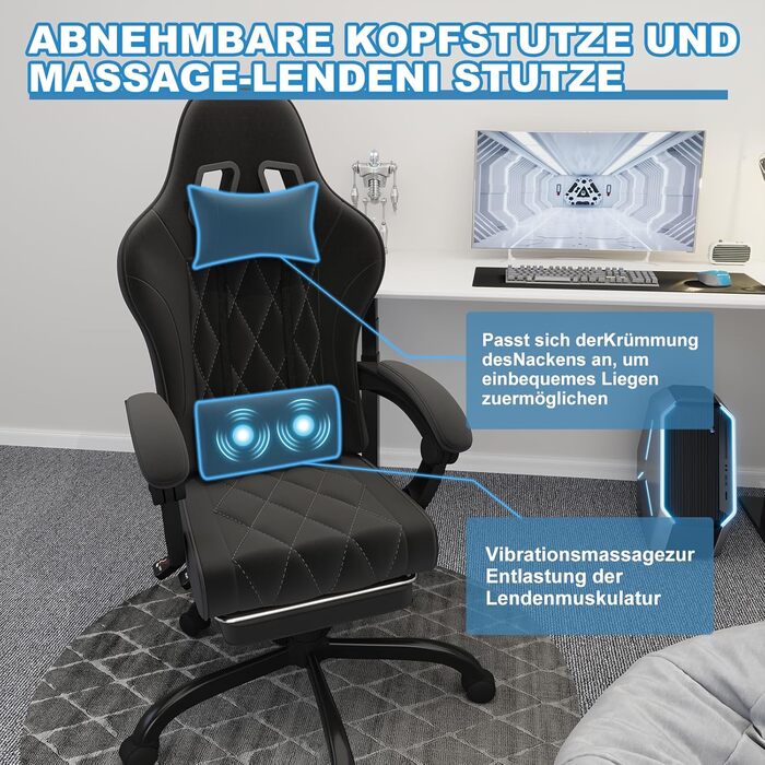 Ігровий крісло JUMMICO з тканини та підлокітниками з піною, ергономічний офісний крісло з масажером. Крісло має підголівник, підставку для ніг, регулювання висоти. Максимальне навантаження: 150 кг, чорний колір