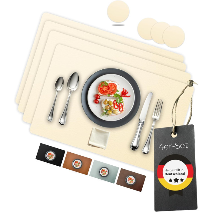 Набори серветок на стіл, 4 шт. – екологічні, стабільні та неслизькі – з високоякісної переробленої шкіри, Made in Germany (Бежевий)