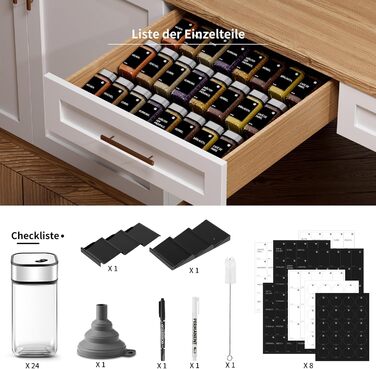 Набір банок для спецій Miorkly з кришками-обертами та полицею [24 x 120 мл] - Органайзер для спецій у ящик, полиця для спецій з банками, сріблястий, 24 шт.