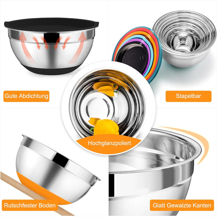 Набір мисок Onader з нержавіючої сталі: салатники з кришкою та 3 терками для кухні. Об'єм: 4л, 2.8л, 2.5л, 1л, 1.2л, 0.7л. Складається з 6 мисок, можна складати та мити в посудомийній машині.