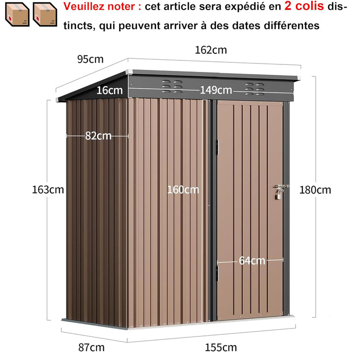Металевий сарай для інструментів Bealife 180x162x95 см, сталевий садовий шоп, вуличний склад, господарський будиночок для двору, тераси, газону (коричневий)