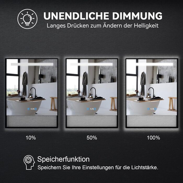 Дзеркало для ванної кімнати YU YUSING 80x60 см з підсвічуванням LED, 3 кольори світла, регулювання яскравості, антизапарник, сенсорне управління, таймер, загартоване скло, IP44 (чорний з полицею)