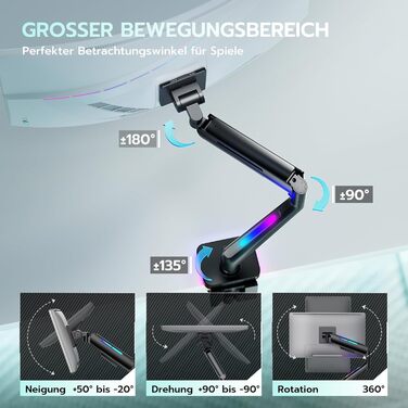 Кріплення для монітора ARES WING Ergonomic RGB, 17-49 дюймів, регульоване по висоті, поворотне, нахилене, RGB LED (білий/чорний)