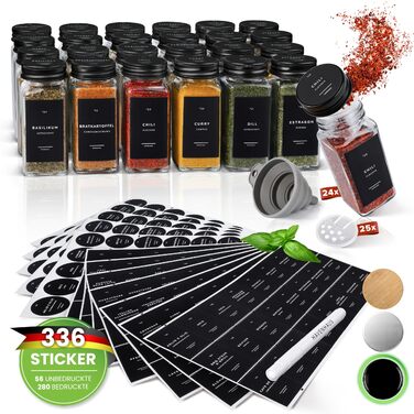 Набір баночок для спецій, 24 шт., чорний колір | Організатор для спецій з 336 етикетками | Кухонне зберігання спецій | Сучасний набір баночок для спецій з кришками-ситами