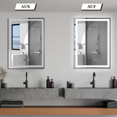 Дзеркало для ванної кімнати Mursche з підсвічуванням LED, 50x70 см, IP44, сенсорний вимикач, годинник, антизапар, регулювання яскравості 3000K-6500K