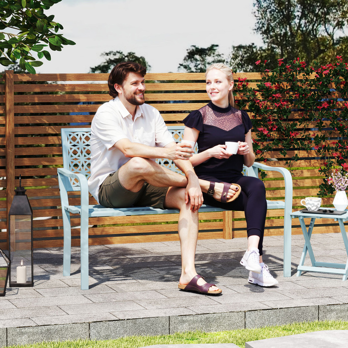 Лавочка для саду, сталева лавочка з вирізаним спинкою, підлокітниками, на 2 особи, блакитна