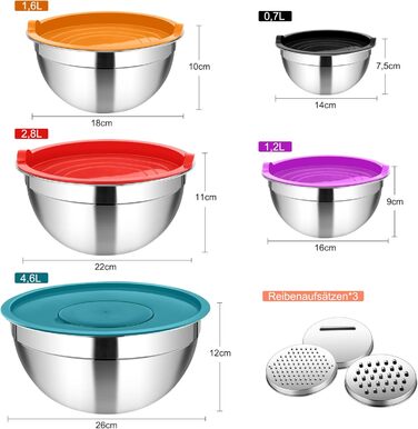 Набір мисок Homikit (5 шт.) з нержавіючої сталі з кришкою та силіконовим дном. Багатофункціональний, стековий, придатний для миття в посудомийній машині, 6.6L / 3.5L / 2.5L / 1.5L / 1L (Кольоровий, з 3 терками)